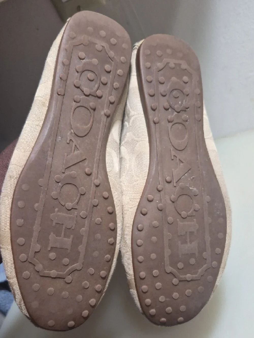Coach Beige Signature Canvas Bow Moccasin Flats
